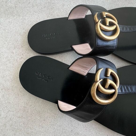 Gucci Marmont GG Thong Sandals EU 40 US 10 Black Leather Flat Flip Flips - Picture 3 of 10